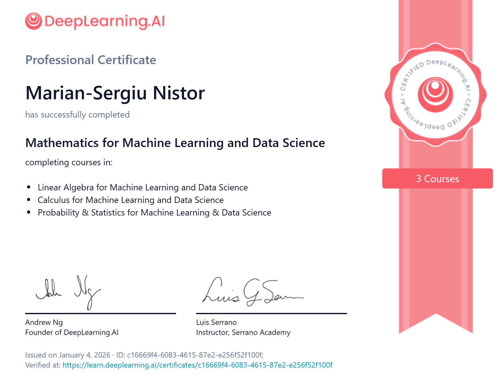 Mathematics for Machine Learning and Data Science Specialization